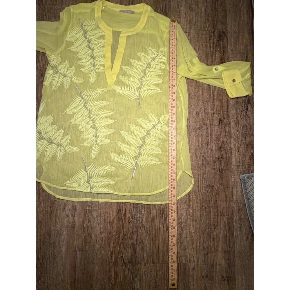 Joan Vass Yellow Fern Embroidered Sheer Tunic Blouse Size M‎ Long Sleeve Tab Top - Picture 5 of 9